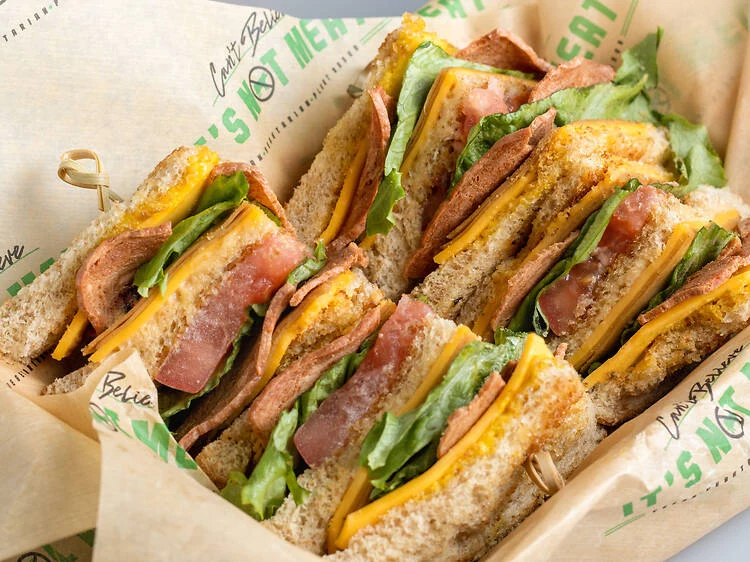 Triple Decker Vegan Turkey and Bacon Club Sammich at Can't believe it's not meat